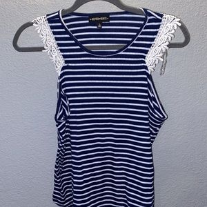 Navy and white striped tank with lace sleeves
